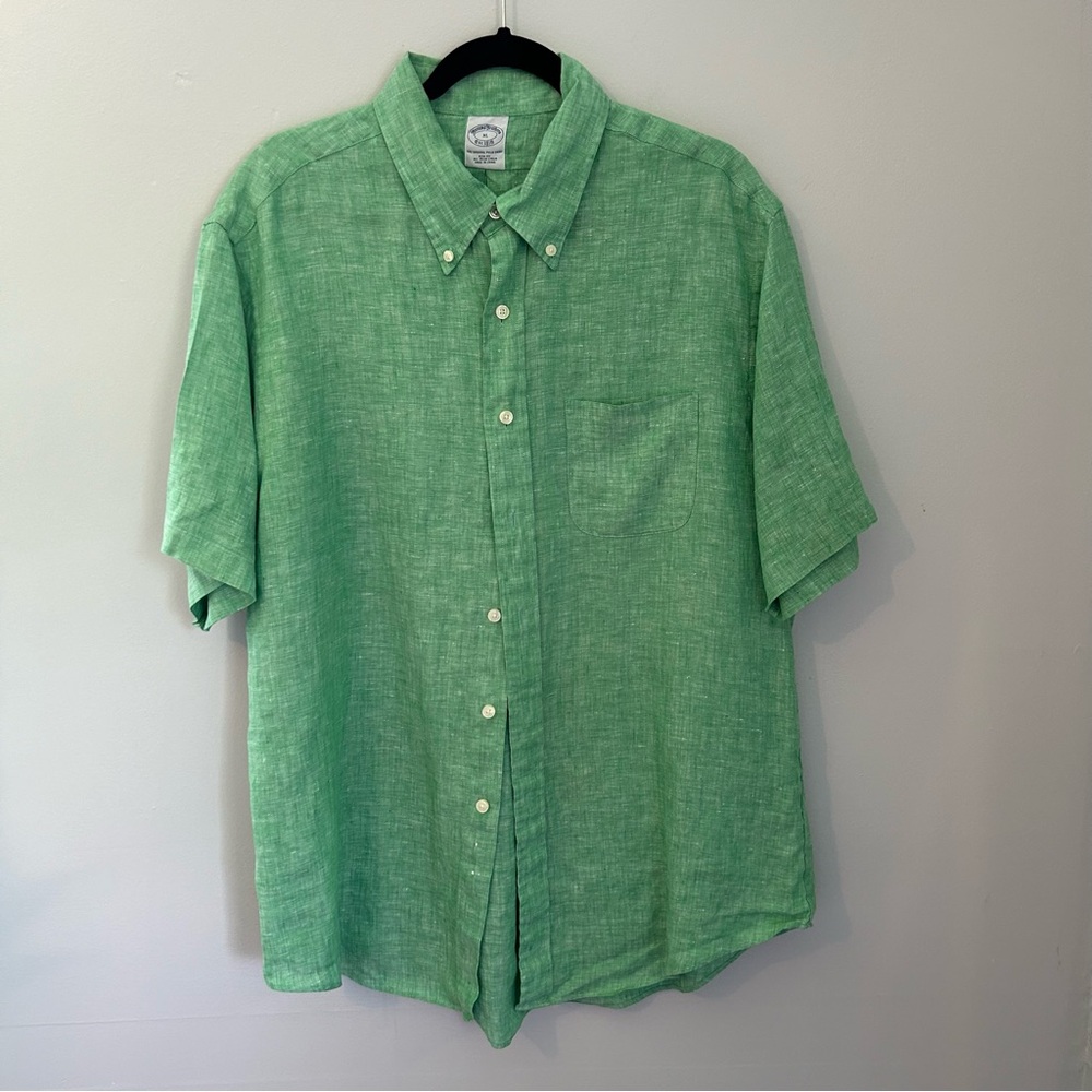 Brooks Brothers green 100% Irish linen short sleeved shirt size XL slim fit